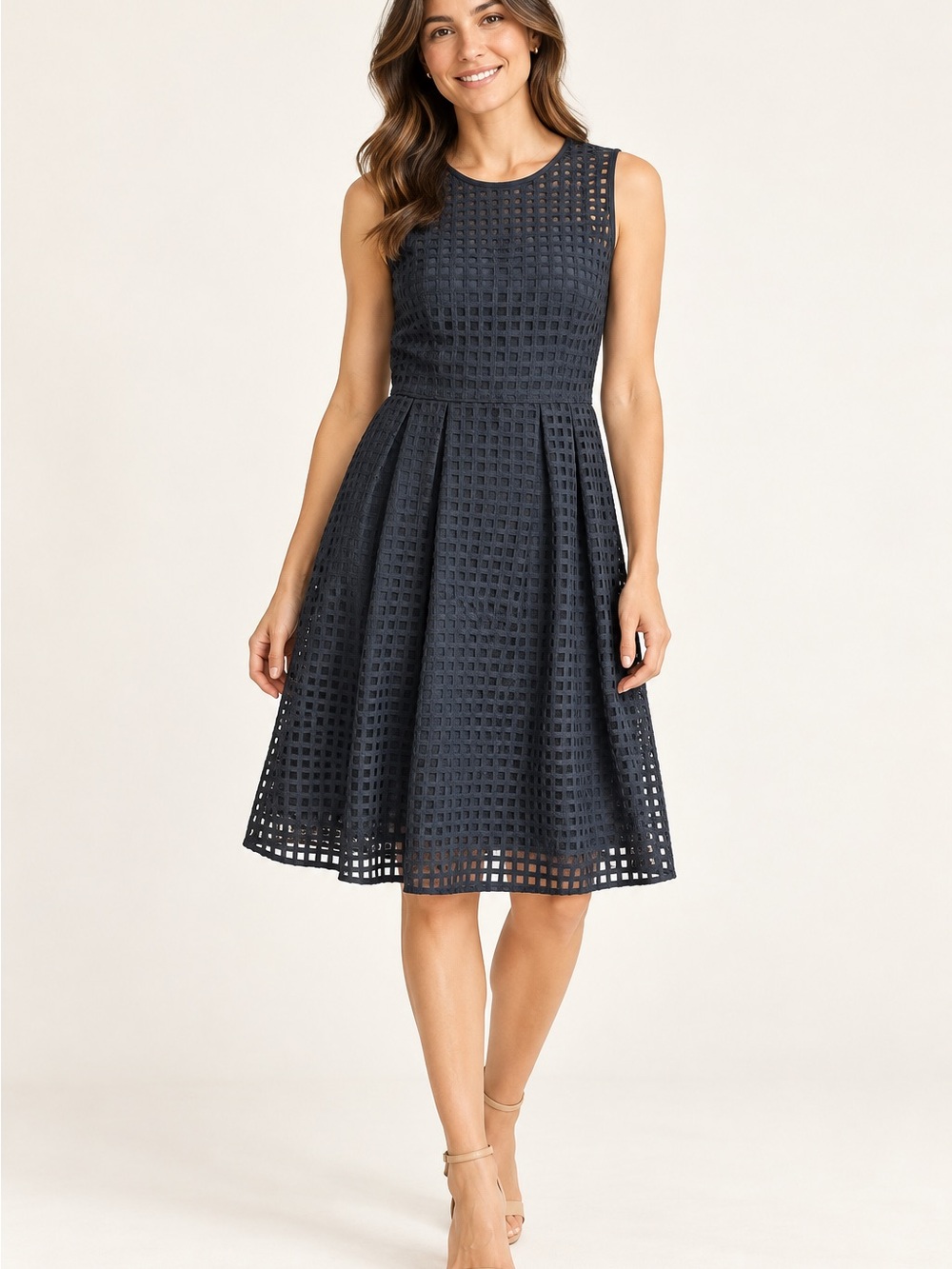 Ellen Tracy Black Eyelet Sleeveless A-Line Dress Size 14 Classic Occasion Wear